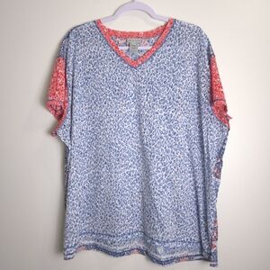 MULTIPLES‎ Textured Cheetah Paisley Patternblock Semi Sheer V neck Tee 2X